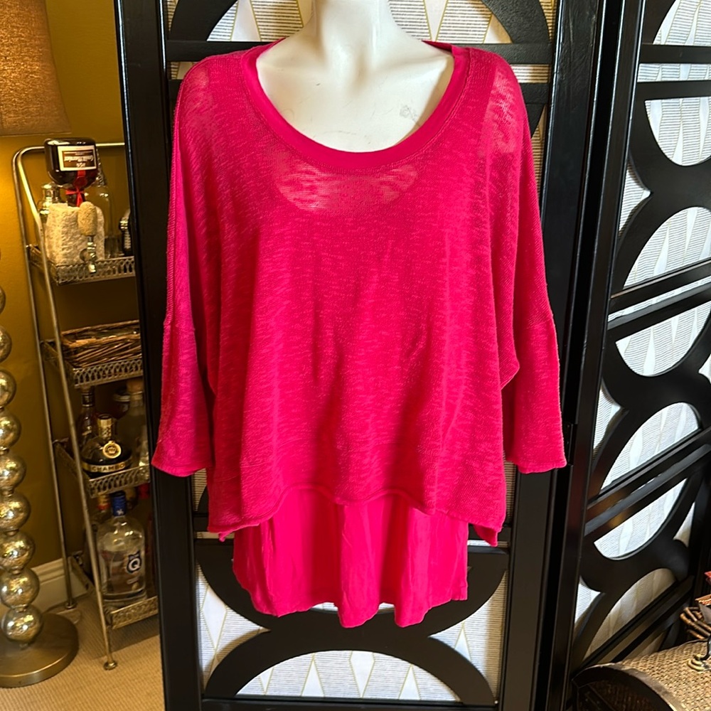 GRACE ELEMENTS Hot Pink 3/4 Dolman Sleeved Semi Sheer Layered Sweater Shirt Top.